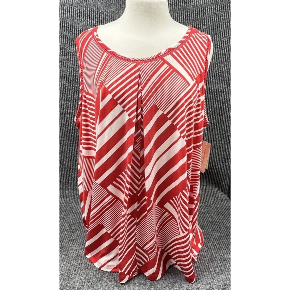 John Paul Richard Top Women 2X Red White Geometric Sleeveless Blouse Stretch NWT